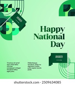 Saudi Arabia National Day Banner in modern geometric style. Attractive square background with national flag, ideal for greeting cards and social media. September 23. Happy Saudi Arabia National Day