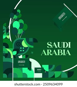 Saudi Arabia National Day Banner in modern geometric style. Attractive square background with national flag, ideal for greeting cards and social media. September 23. Happy Saudi Arabia National Day