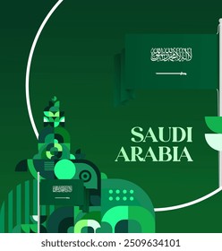 Saudi Arabia National Day Banner in modern geometric style. Attractive square background with national flag, ideal for greeting cards and social media. September 23. Happy Saudi Arabia National Day