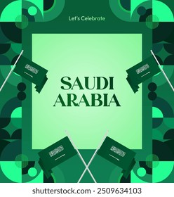 Banner Nacional da Arábia Saudita em estilo geométrico moderno. Fundo quadrado atraente com bandeira nacional, ideal para cartões de saudação e mídias sociais. 23 de setembro. Feliz Dia Nacional da Arábia Saudita