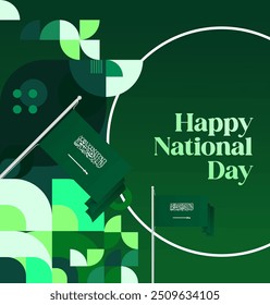 Saudi Arabia National Day Banner in modern geometric style. Attractive square background with national flag, ideal for greeting cards and social media. September 23. Happy Saudi Arabia National Day