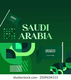 Saudi Arabia National Day Banner in modern geometric style. Attractive square background with national flag, ideal for greeting cards and social media. September 23. Happy Saudi Arabia National Day