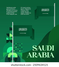 Saudi Arabia National Day Banner in modern geometric style. Attractive square background with national flag, ideal for greeting cards and social media. September 23. Happy Saudi Arabia National Day