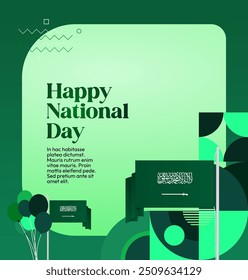 Saudi Arabia National Day Banner in modern geometric style. Attractive square background with national flag, ideal for greeting cards and social media. September 23. Happy Saudi Arabia National Day