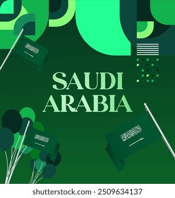 Saudi Arabia National Day Banner in modern geometric style. Attractive square background with national flag, ideal for greeting cards and social media. September 23. Happy Saudi Arabia National Day