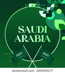 Saudi Arabia National Day Banner in modern geometric style. Attractive square background with national flag, ideal for greeting cards and social media. September 23. Happy Saudi Arabia National Day