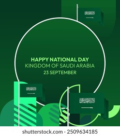 Saudi Arabia National Day Banner in modern geometric style. Attractive square background with national flag, ideal for greeting cards and social media. September 23. Happy Saudi Arabia National Day