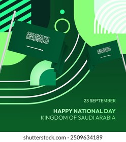 Saudi Arabia National Day Banner in modern geometric style. Attractive square background with national flag, ideal for greeting cards and social media. September 23. Happy Saudi Arabia National Day