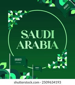 Saudi Arabia National Day Banner in modern geometric style. Attractive square background with national flag, ideal for greeting cards and social media. September 23. Happy Saudi Arabia National Day