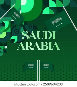 Banner Nacional da Arábia Saudita em estilo geométrico moderno. Fundo quadrado atraente com bandeira nacional, ideal para cartões de saudação e mídias sociais. 23 de setembro. Feliz Dia Nacional da Arábia Saudita