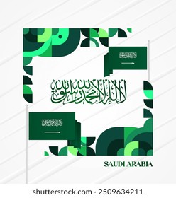 Saudi Arabia National Day Banner in modern geometric style. Attractive square background with national flag, ideal for greeting cards and social media. September 23. Happy Saudi Arabia National Day