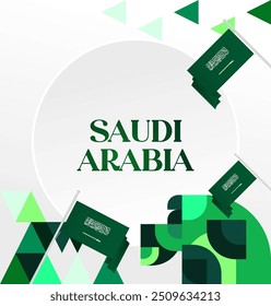 Saudi Arabia National Day Banner in modern geometric style. Attractive square background with national flag, ideal for greeting cards and social media. September 23. Happy Saudi Arabia National Day