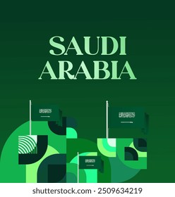 Saudi Arabia National Day Banner in modern geometric style. Attractive square background with national flag, ideal for greeting cards and social media. September 23. Happy Saudi Arabia National Day