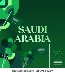 Saudi Arabia National Day Banner in modern geometric style. Attractive square background with national flag, ideal for greeting cards and social media. September 23. Happy Saudi Arabia National Day