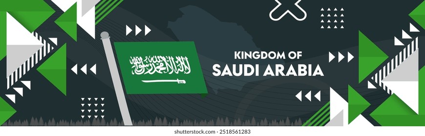 Saudi Arabia national day banner, background and geometric abstract modern design. Kingdom of Saudi Arabia flag independence day corporate business theme. Vector Illustration.