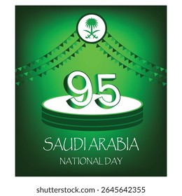 Saudi arabia national day - celebrating 95 years, happy national day 95 green 3d logo design. happy national day