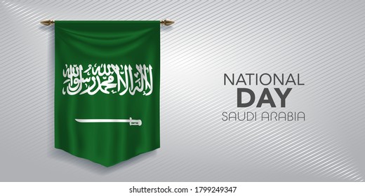 Saudi Arabia national day greeting card, banner, vector illustration. Saudi Arabian day background with pennant