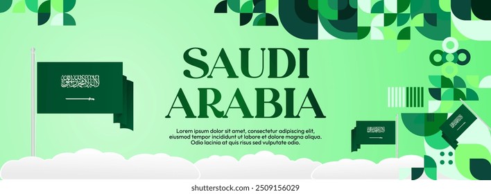 Saudi Arabia National Independence Day wide banner. Modern geometric abstract background in colorful style for Saudi Arabian holiday. Saudi Arabia National Day greeting card design with country flag.