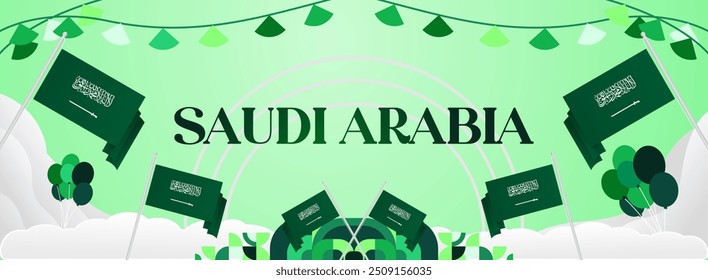 Saudi Arabia National Independence Day wide banner. Modern geometric abstract background in colorful style for Saudi Arabian holiday. Saudi Arabia National Day greeting card design with country flag.
