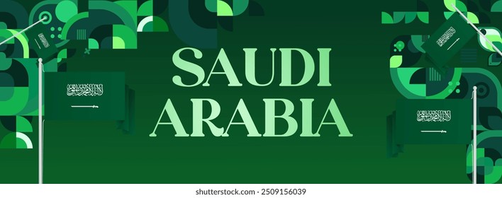 Saudi Arabia National Independence Day wide banner. Modern geometric abstract background in colorful style for Saudi Arabian holiday. Saudi Arabia National Day greeting card design with country flag.