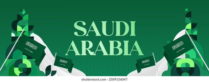 Saudi Arabia National Independence Day wide banner. Modern geometric abstract background in colorful style for Saudi Arabian holiday. Saudi Arabia National Day greeting card design with country flag.