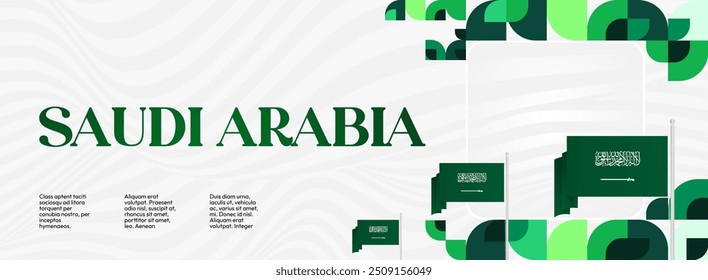 Saudi Arabia National Independence Day wide banner. Modern geometric abstract background in colorful style for Saudi Arabian holiday. Saudi Arabia National Day greeting card design with country flag.