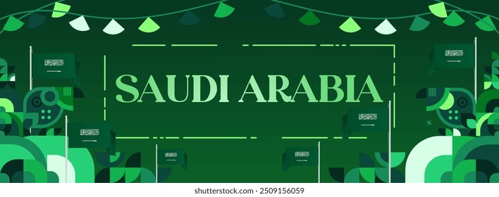 Saudi Arabia National Independence Day wide banner. Modern geometric abstract background in colorful style for Saudi Arabian holiday. Saudi Arabia National Day greeting card design with country flag.