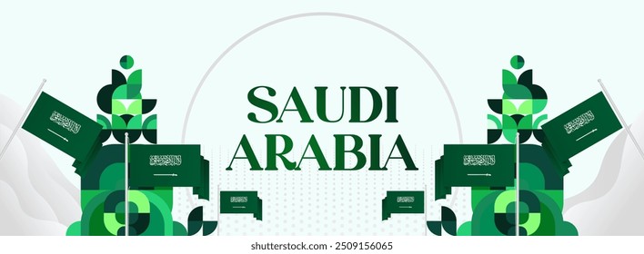 Saudi Arabia National Independence Day wide banner. Modern geometric abstract background in colorful style for Saudi Arabian holiday. Saudi Arabia National Day greeting card design with country flag.