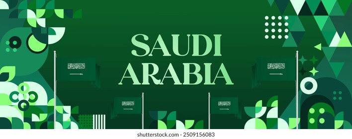 Saudi Arabia National Independence Day wide banner. Modern geometric abstract background in colorful style for Saudi Arabian holiday. Saudi Arabia National Day greeting card design with country flag.