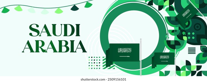 Saudi Arabia National Independence Day wide banner. Modern geometric abstract background in colorful style for Saudi Arabian holiday. Saudi Arabia National Day greeting card design with country flag.