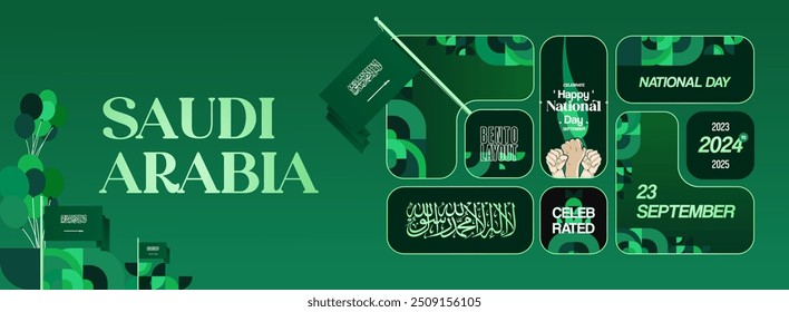 Banner do Dia da Independência Nacional da Arábia Saudita. Fundo geométrico abstrato moderno em estilo colorido para férias da Arábia Saudita. Projeto de cartão comemorativo do Dia Nacional da Arábia Saudita com bandeira do país.