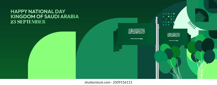 Saudi Arabia National Independence Day wide banner. Modern geometric abstract background in colorful style for Saudi Arabian holiday. Saudi Arabia National Day greeting card design with country flag.