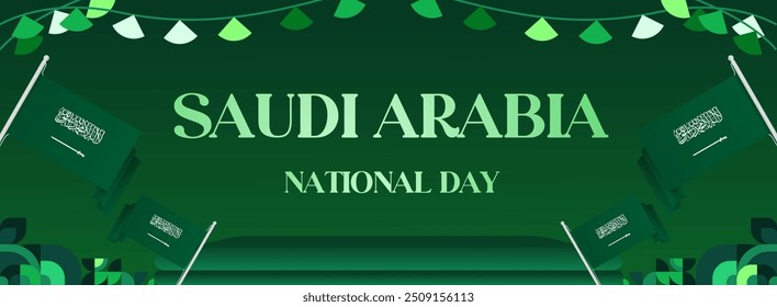 Saudi Arabia National Independence Day wide banner. Modern geometric abstract background in colorful style for Saudi Arabian holiday. Saudi Arabia National Day greeting card design with country flag.