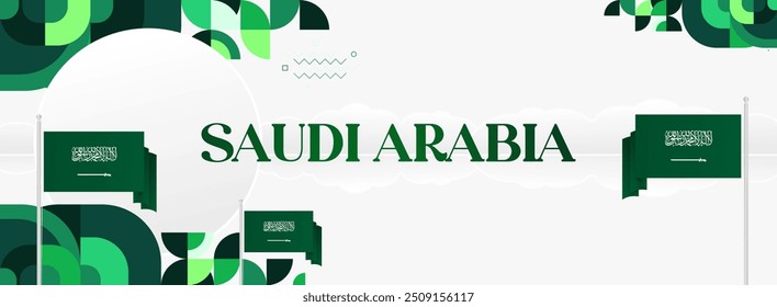 Saudi Arabia National Independence Day wide banner. Modern geometric abstract background in colorful style for Saudi Arabian holiday. Saudi Arabia National Day greeting card design with country flag.