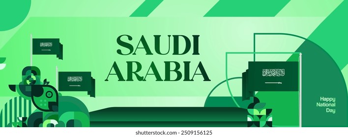 Banner do Dia da Independência Nacional da Arábia Saudita. Fundo geométrico abstrato moderno em estilo colorido para férias da Arábia Saudita. Projeto de cartão comemorativo do Dia Nacional da Arábia Saudita com bandeira do país.