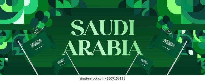 Saudi Arabia National Independence Day wide banner. Modern geometric abstract background in colorful style for Saudi Arabian holiday. Saudi Arabia National Day greeting card design with country flag.