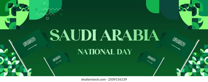 Saudi Arabia National Independence Day wide banner. Modern geometric abstract background in colorful style for Saudi Arabian holiday. Saudi Arabia National Day greeting card design with country flag.