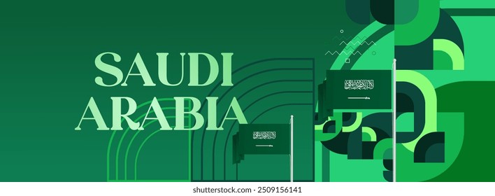 Saudi Arabia National Independence Day wide banner. Modern geometric abstract background in colorful style for Saudi Arabian holiday. Saudi Arabia National Day greeting card design with country flag.