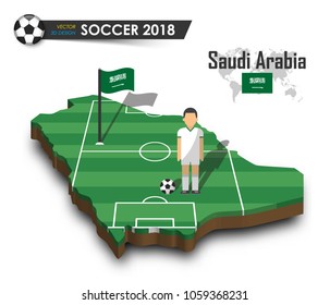 Saudi arabia national soccer team . Football player and flag on 3d design country map . isolated background . Vector for international world championship tournament 2018 concept .