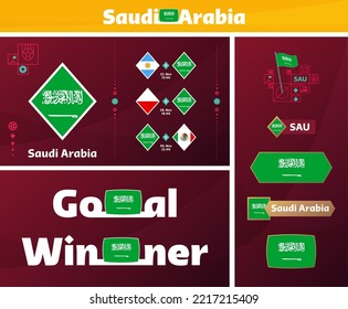 saudi arabia national team design media kit graphic collection. 2022 world Football cup or Soccer Championship design elements vector set. Banners, Posters, Social Media kit, templates, scoreboard.