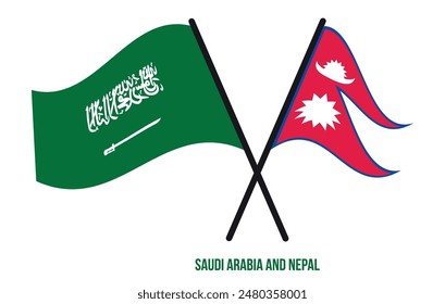 Saudi-Arabien und Nepal Flaggen gekreuzt und schwenken flach Stil. Offizielles Verhältnis. Korrekte Farben.