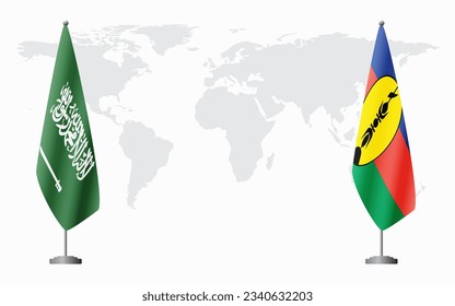 Saudi Arabia and New Caledonia flags for official meeting against background of world map.