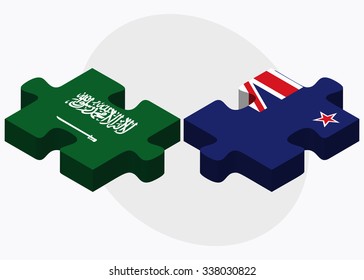 Saudi Arabia and New Zealand Flags in puzzle isolated on white background