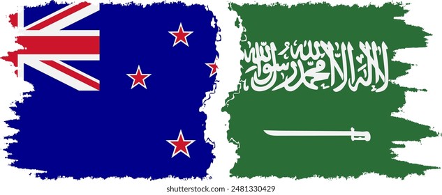 Saudi Arabia and New Zealand grunge flags connection, vector