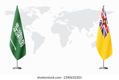 Saudi Arabia and Niue flags for official meeting against background of world map.