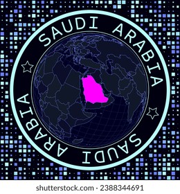 Saudi Arabia on globe vector. Futuristic satelite view of the world centered to Saudi Arabia. Geographical illustration with shape of country and squares background.