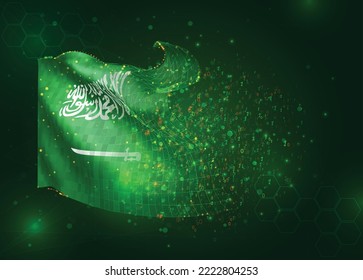 Saudi Arabia, on vector 3d flag on green background with polygons and data numbers