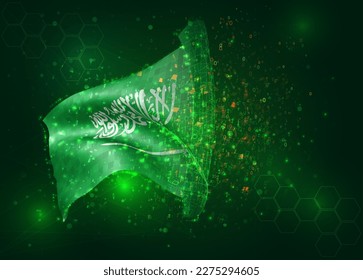 Saudi Arabia, on vector 3d flag on green background with polygons and data numbers