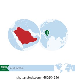 Saudi Arabia on world globe with flag and regional map of Saudi Arabia. Vector Illustration.