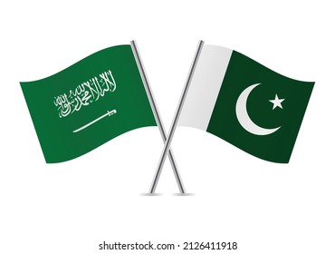 Saudi Arabia and Pakistan crossed flags. Saudi Arabian and Pakistani flags, isolated on white background. Vector icon set. Vector illustration.